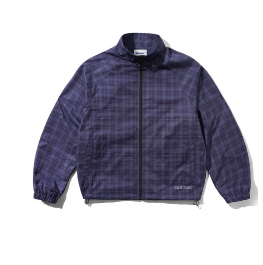 A purple and dark gray plaid zip-up jacket by Bucker, displayed flat against a white background.