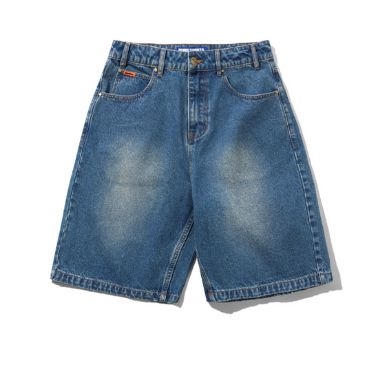 A pair of medium-wash blue denim shorts with a faded wash effect, shown flat on a white background.