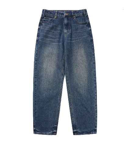 A pair of blue denim jeans shown flat against a white background, with the brand name Butter visible at the top left. The jeans are straight-leg denim in a medium wash with faded whiskering on the thighs.