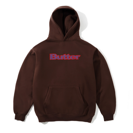 A dark brown pullover hoodie with a front kangaroo pocket and a red-to-purple gradient 'Butter' logo across the chest, shown on a white background with partial red and black versions of the same garment visible at the edges.