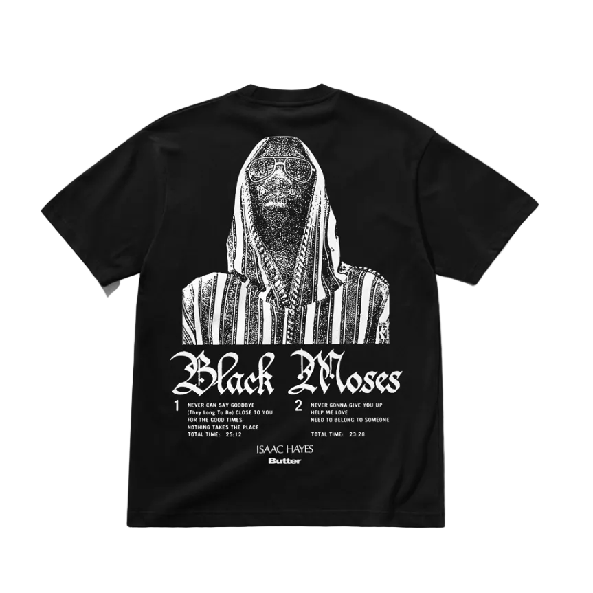 A black short-sleeve graphic T-shirt shown flat against a white background, displaying the back side with a large white illustration of a hooded figure and the text 'Black Moses' and 'Isaac Hayes'.