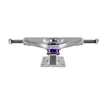 A single skateboard truck component shown from the front on a plain white background, with a silver metal body and a small purple accent near the center. No person, animal, or real environment is present, so this is Product/Packaging.